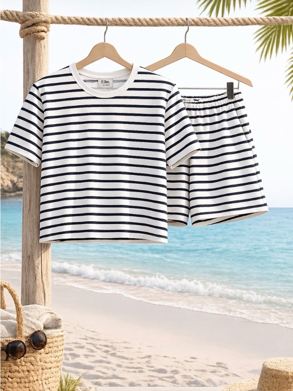Elie Tahari Navy White Striped 2PC Set Scuba Knit Medium Boxy Tee Elastic Shorts